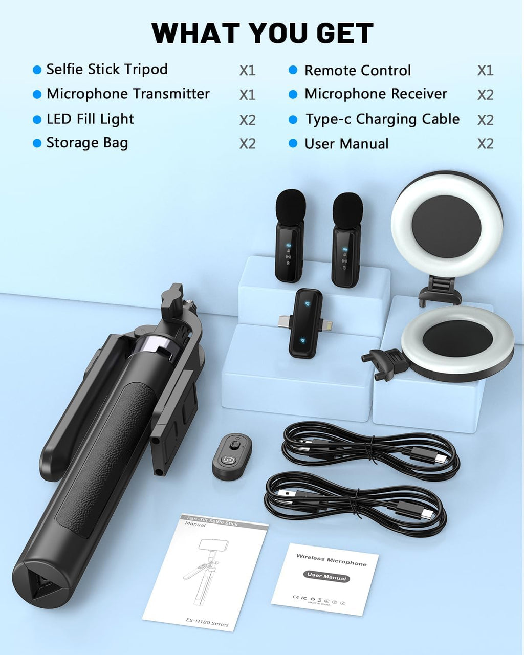 Vlogging Kit for Iphone/Android, 71" Selfie Stick Tripod for Iphone with Fill Light, Wireless Mic & Remote, Adjustable Aluminum Phone Tripod for Tiktok/Youtube Content Creator Essentials Starter Kit‌