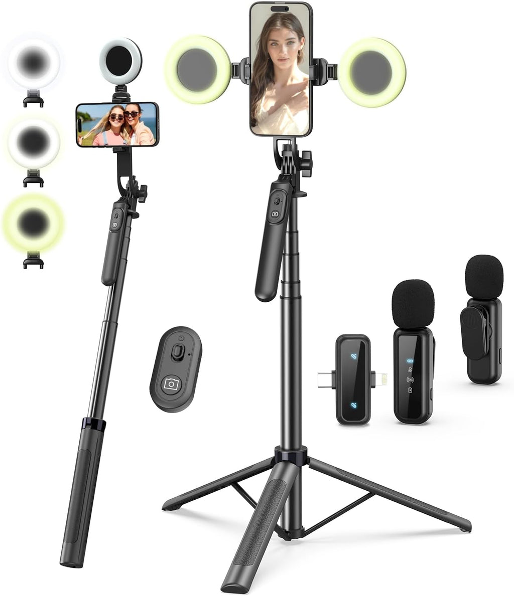 Vlogging Kit for Iphone/Android, 71" Selfie Stick Tripod for Iphone with Fill Light, Wireless Mic & Remote, Adjustable Aluminum Phone Tripod for Tiktok/Youtube Content Creator Essentials Starter Kit‌
